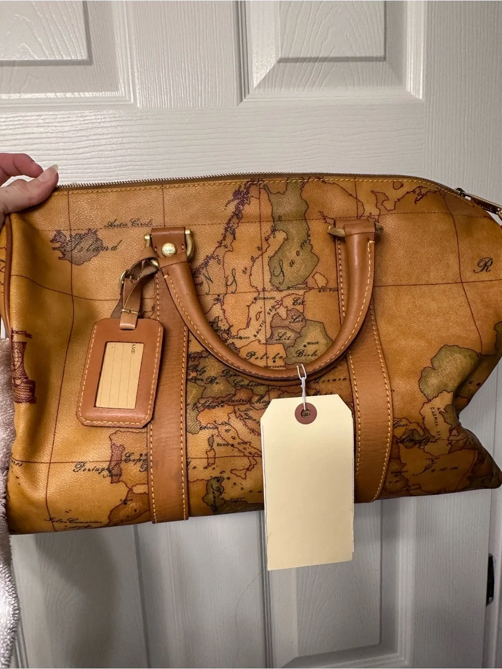 Alviero Martini Vintage Map-Print Tan Leather Travel bag Holdall